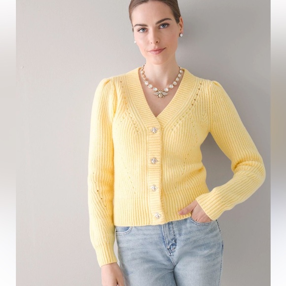 White House Black Market Yellow Bee V-Neck Button-Up sweater size XXS - Picture 1 of 7